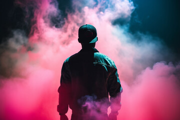 Artist rapper at a music concert on stage singing seen from the back with pink and blue smoke. Hip hop rap artist live performance. Ai generated