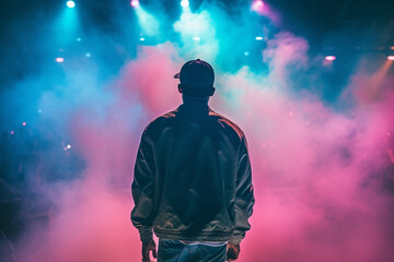 Artist rapper at a music concert on stage singing seen from the back with pink and blue smoke. Hip hop rap artist live performance. Ai generated - 594395234