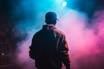 Artist rapper at a music concert on stage singing seen from the back with pink and blue smoke. Hip hop rap artist live performance. Ai generated - 594395242