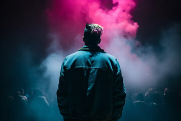 Artist rapper at a music concert on stage singing seen from the back with pink and blue smoke. Hip hop rap artist live performance. Ai generated - obrazy, fototapety, plakaty