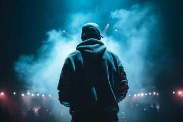 Artist rapper at a music concert on stage singing seen from the back with pink and blue smoke. Hip hop rap artist live performance. Ai generated - obrazy, fototapety, plakaty