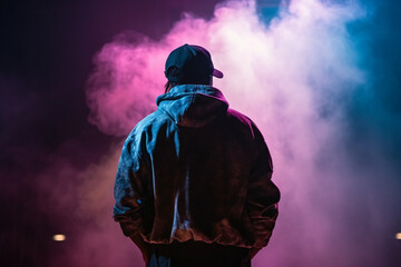 Artist rapper at a music concert on stage singing seen from the back with pink and blue smoke. Hip hop rap artist live performance. Ai generated