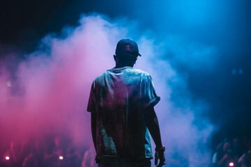 Artist rapper at a music concert on stage singing seen from the back with pink and blue smoke. Hip hop rap artist live performance. Ai generated - 594395287