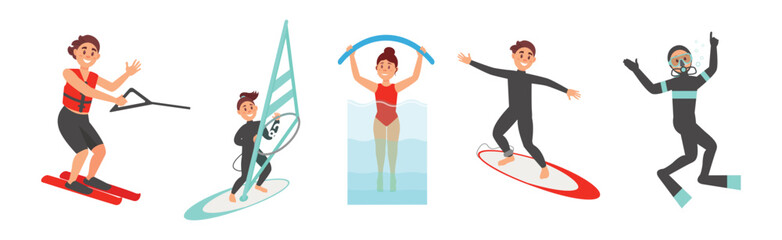 People Characters Swimming and Doing Water Sport Vector Illustration Set