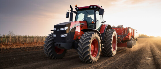 Tractor on the farm - modern agriculture equipment in field - obrazy, fototapety, plakaty
