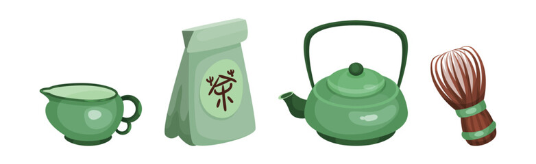 Tea Ceremony with Cup, Teapot, Whisk and Package Vector Set