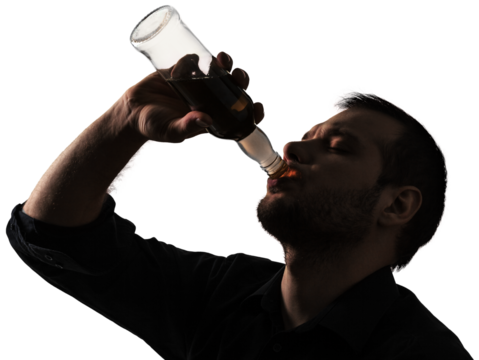 Silhouette of man drinking alcohol, Alcoholism concept