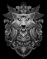 Angry wolf head with antique engraving ornament style good for your merchandise dan T shirt