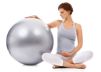 Pregnant, woman and fitness ball sitting isolated on a transparent png background. Exercise, pilates and wellness of female in pregnancy, maternity or mother workout for healthy body or yoga training