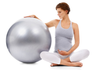 Pregnant, woman and fitness ball sitting isolated on a transparent png background. Exercise, pilates and wellness of female in pregnancy, maternity or mother workout for healthy body or yoga training