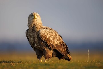 Majestic bald eagle perched in a grassy field against a backdrop of the sky