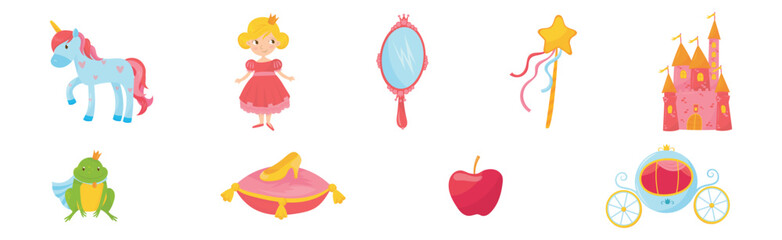 Princess Tale with Unicorn, Castle, Mirror, Shoe, Frog and Carriage Vector Set