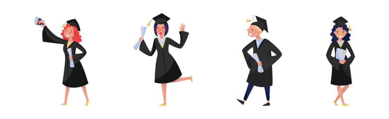 Delighted Boy and Girl Students in Academic Gown and Square Cap Cheering About Graduation Ceremony Vector Set