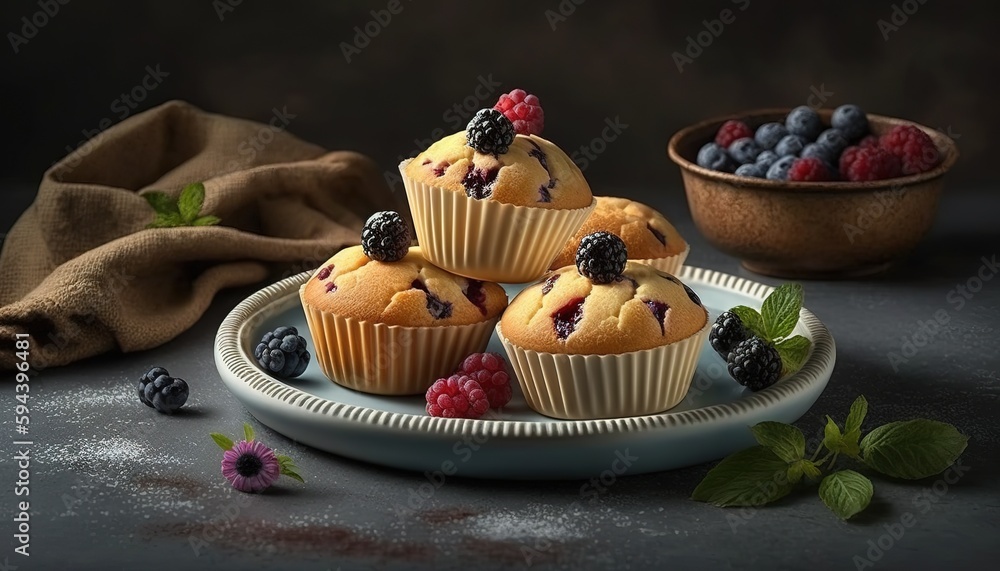Poster Front view sweet muffins with berries inside plate on a light table Generative AI