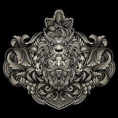 Illustration of tribal bearded man with lion hat vintage engraving ornament in back perfect for your business and Merchandise