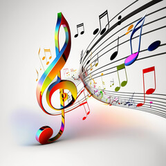 Colorful music promotional poster with G-clef and musical notes.