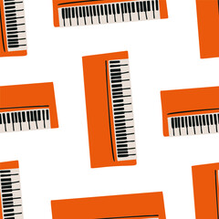 Fototapeta na wymiar Seamless pattern with illustration of musical instrument synthesizer in cutting style orange on white background