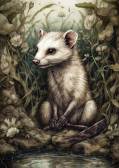 Fototapeta premium Illustration of a Ferret in a fictional scenery for frame. Pet animal concept art. Generative AI
