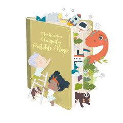 Fototapeta premium Cute Cartoon Kids standing near Open Book with Donosaur, Rocket, Boat