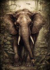 Naklejka na ściany i meble Illustration of a Elephant in a fictional scenery for frame. Wild animal concept art. Generative AI