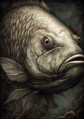 Illustration of a Fish in a fictional scenery for frame. Sea nimal concept art. Generative AI