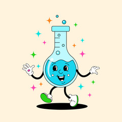 Naklejka premium Comic flat blue Flask with face on decorated background. Vector cartoon laboratory equipment illustration in retro style. Square image of cute school supply character with smile for banner or sticker