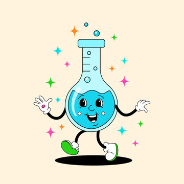 Comic flat blue Flask with face on decorated background. Vector cartoon laboratory equipment illustration in retro style. Square image of cute school supply character with smile for banner or sticker