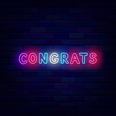 Congrats neon sign. Colorful handwritten text. Congratulations. Surprise label on brick wall. Vector stock illustration