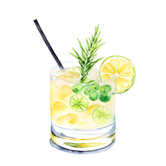 Watercolor glass of summer lemon juice with leaves and lemon, cocktail