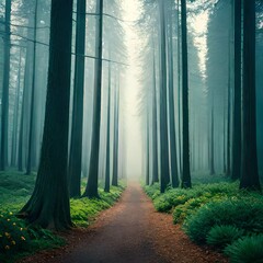 A pathway in a forest with a foggy background and green trees. Generative AI