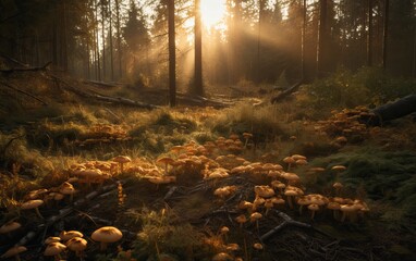 Chanterelles mushrooms in the forest at dawn, photography, AI - obrazy, fototapety, plakaty