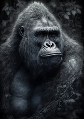 Obraz premium Illustration of a King Kong in a fictional scenery for frame. Fantasy animal concept art. Generative AI