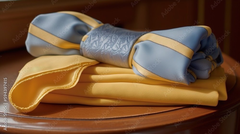 Poster a close up of a pair of ties on top of a cloth on a wooden table with a window in the backround of t
