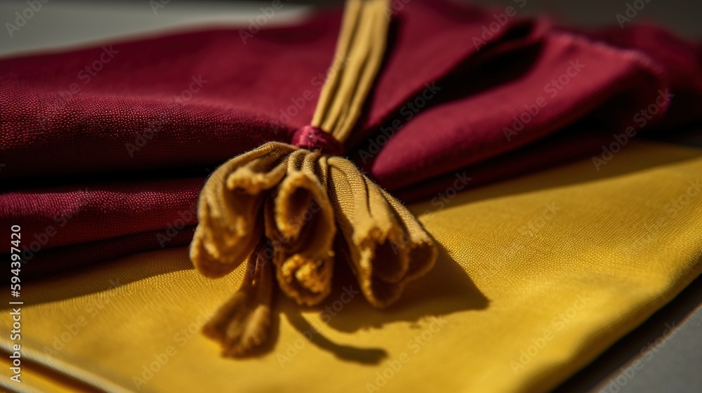 Poster a close up of a cloth with a knot on it's end and a cloth with a knot on it's end on a table. genera