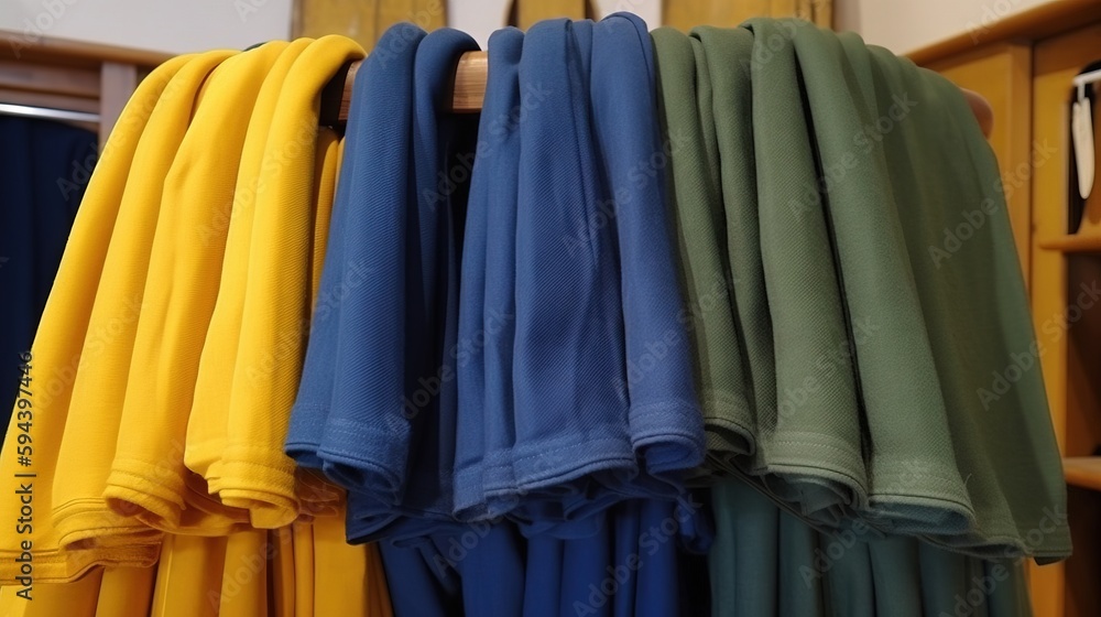 Poster a row of folded clothes hanging on a rack in a room with yellow and blue curtains and a bookcase in 