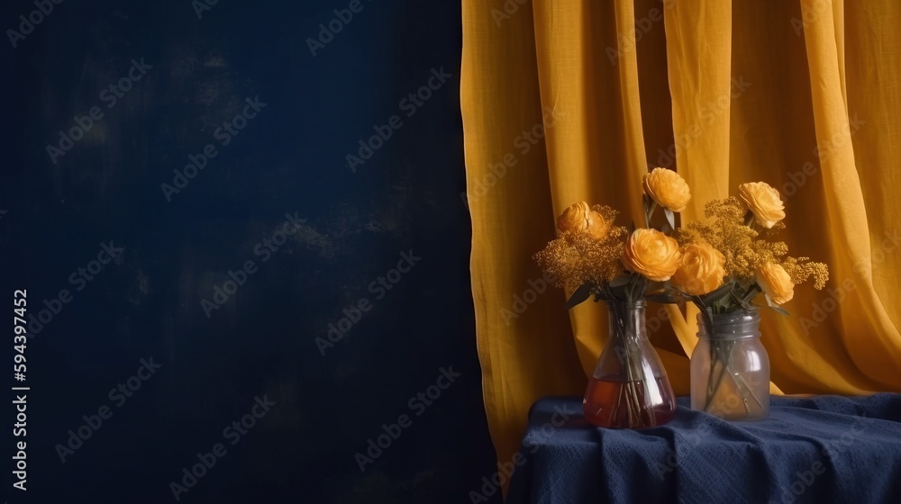 Aufkleber two vases of flowers sit on a table in front of a yellow drapeed window with a blue tablecloth on it