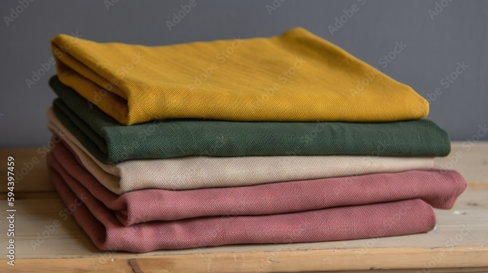 Poster a stack of folded cloths sitting on top of a wooden table next to each other on a wooden table with 