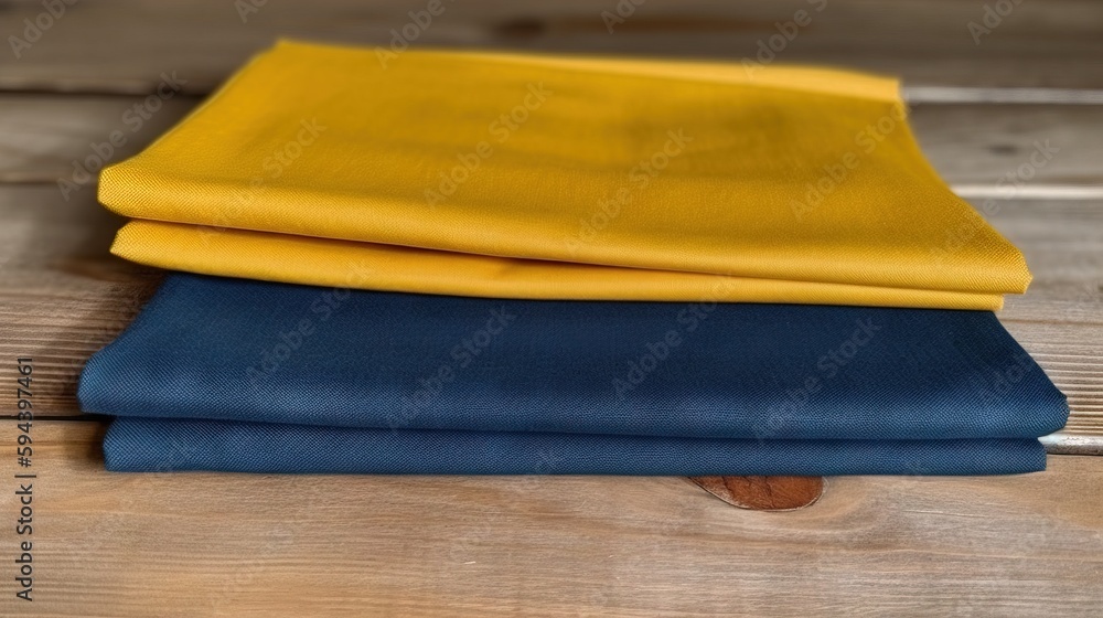 Poster a stack of three different colored fabrics on top of a wooden table with a wood floor in the backgro