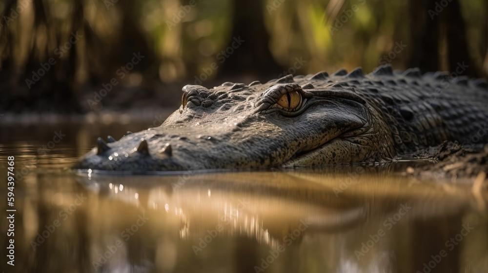 Poster  a large alligator is floating in the water near the shore of a lake with trees in the background and a few leaves on the water surface.  generative ai