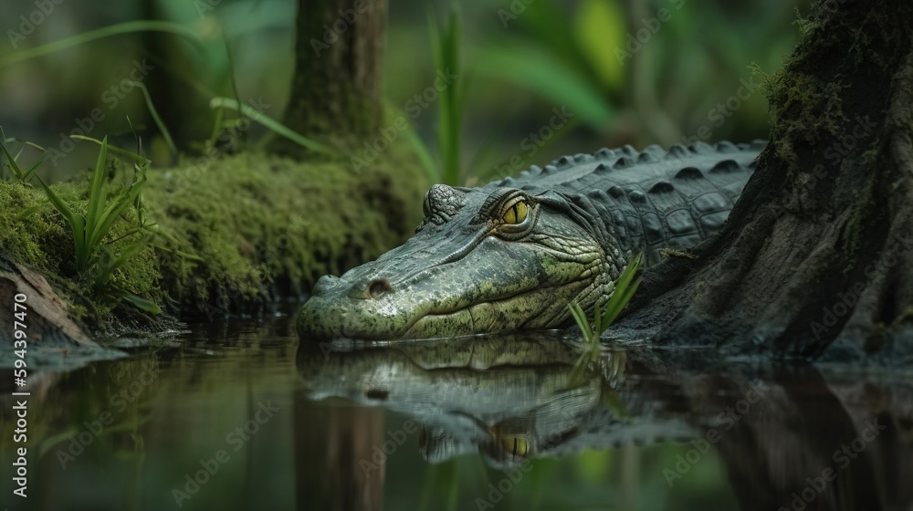 Poster a large alligator laying on top of a body of water next to a tree trunk and grass covered forest are