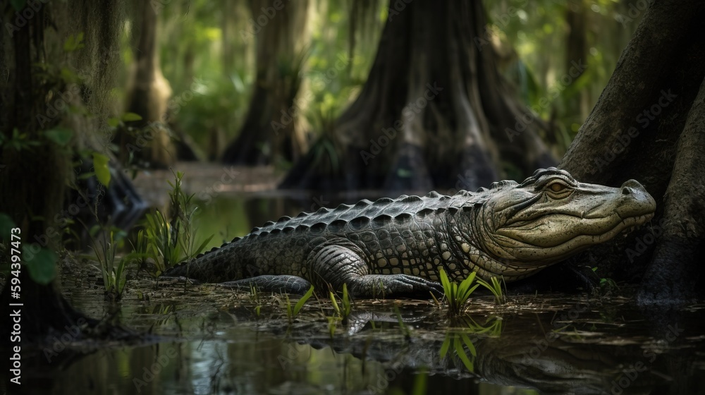 Poster  a large alligator is laying in the water near a tree and some trees in the background with water in the foreground and grass in the foreground.  generative ai