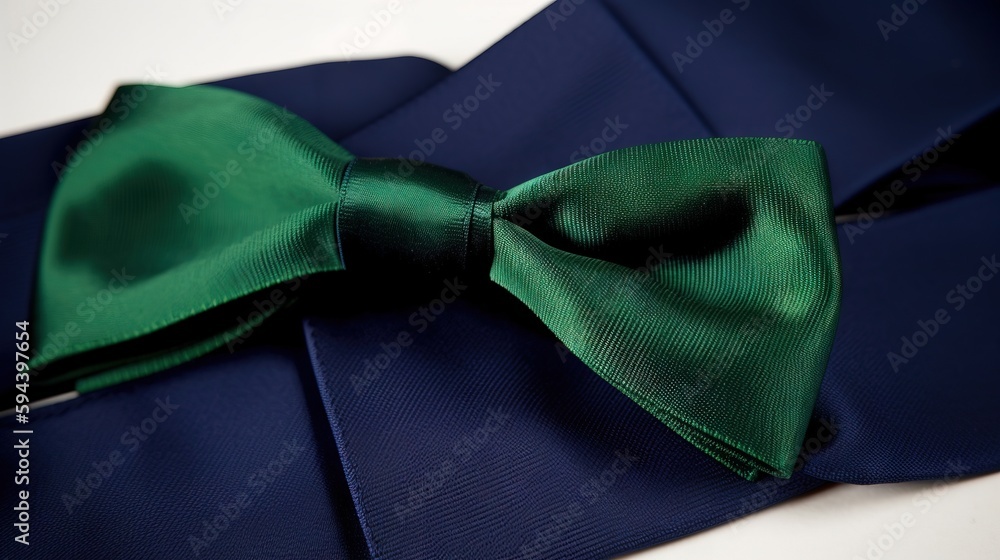 Poster a close up of a green bow tie on a white table top with a white background and a white table top wit