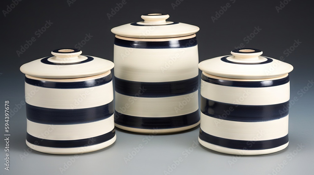 Poster three black and white striped canisters on a gray background with a black stripe on the bottom of th