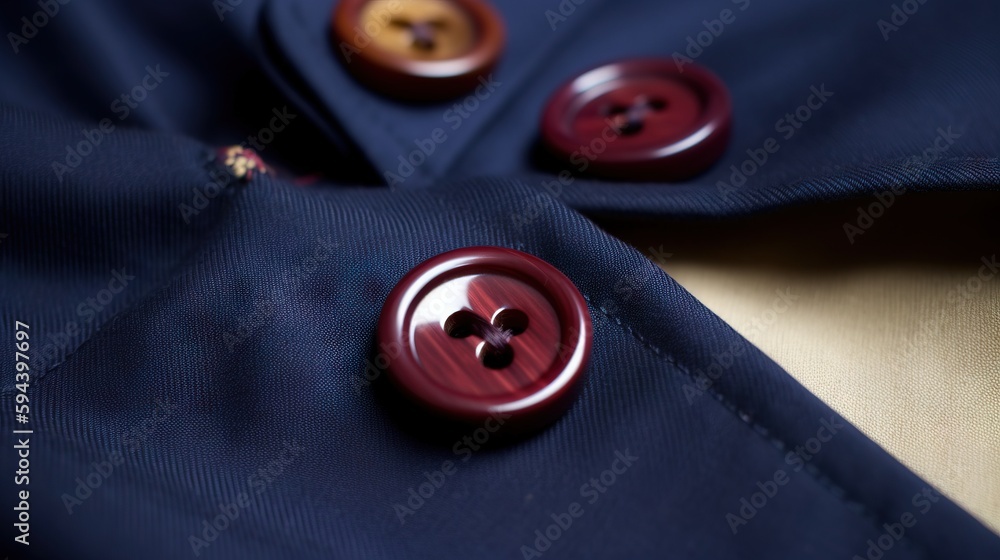Poster a close up of a button on a blue jacket with a gold button on it's lapel and a brown button on the l