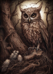 Illustration of a Owl in a fictional scenery for frame. Wild animal concept art. Generative AI