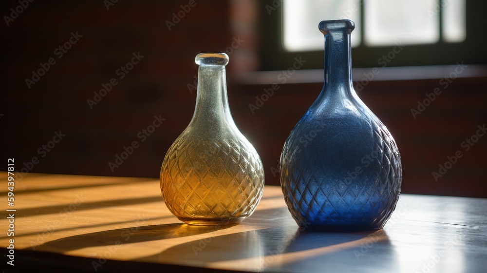 Poster a couple of vases sitting on top of a table next to each other on a wooden table with a window in th