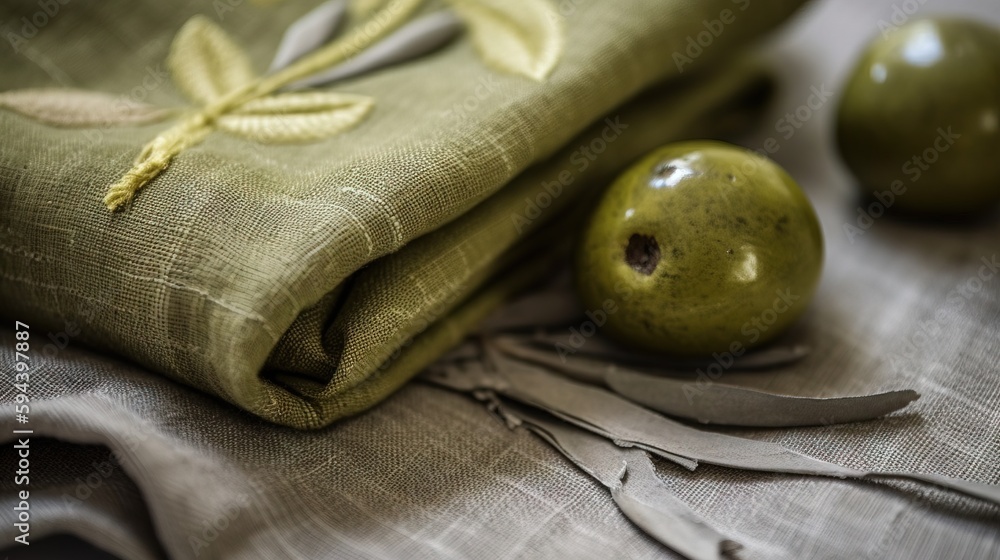 Poster a green apple sitting on top of a table next to a pair of scissors and a piece of cloth on top of a 