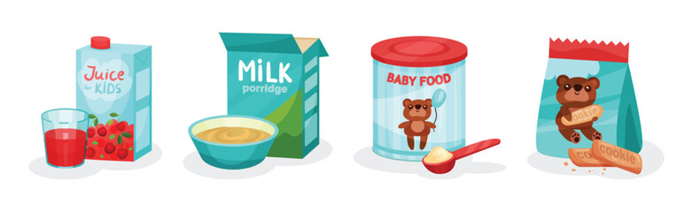 Baby Food with Milk Porridge, Formula, Juice and Cookie Vector Set