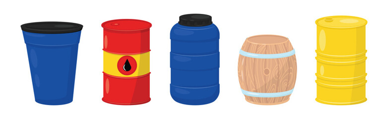 Metal and Wooden Barrel with Fluid Closed Vector Set