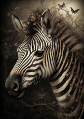 Fototapeta na wymiar Illustration of a Zebra in a fictional scenery for frame. Wild animal concept art. Generative AI